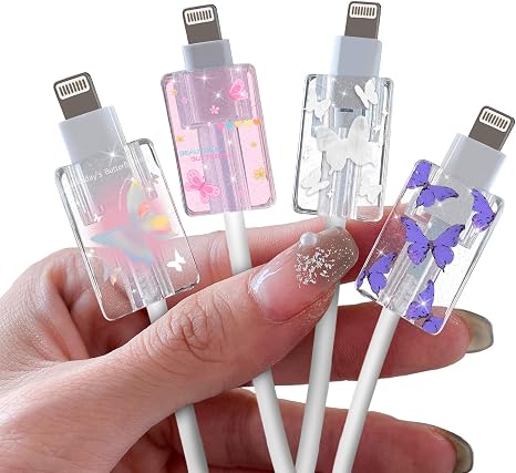 Glitter Cable Protector for iPhone Type-c Charger,Cute Bling Butterflies Pattern 4 PCS Set Cable Phone Protector for Women Girls,Charging Cord Protector,Cable Chomper,Cord Saver