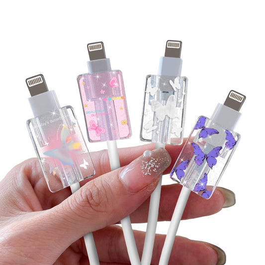 Glitter Cable Protector for iPhone Type-c Charger,Cute Bling Butterflies Pattern 4 PCS Set Cable Phone Protector for Women Girls,Charging Cord Protector,Cable Chomper,Cord Saver