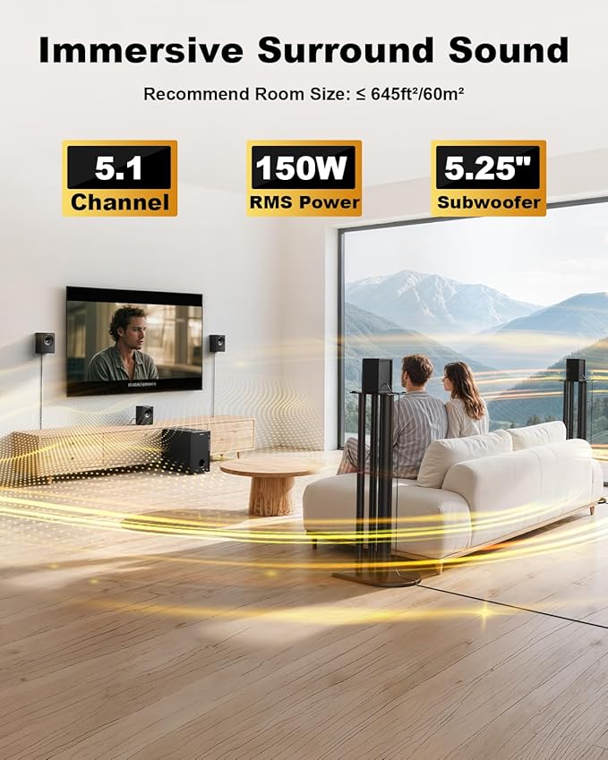 Bobtot Home Theater Systems with 5.25 inch Subwoofer, 5.1 Wired Satellite Surround Sound Speakers, 600 Watts Peak Power Deep Bass Audio Stereo System with FM Radio Bluetooth AUX DVD USB SD Input