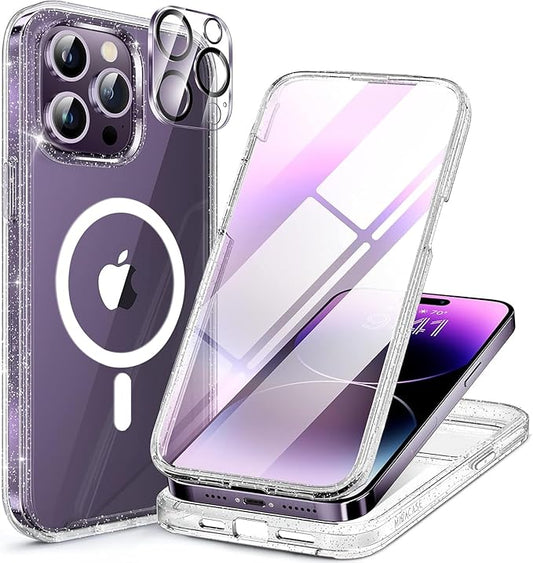 Miracase Magnetic for iPhone 14 Pro Max Case 6.7 inch, (Compatible with MagSafe) Upgrade Full-Body Clear Phone Bumper Case with Built-in 9H Tempered Glass Screen Protector, Magnetic Glitter Clear
