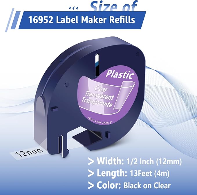 6 Pack Compatible for Dymo LetraTag Refills 16952 S0721530 Plastic Clear Label Tape 1/2'' 12mm x 4m for Letratag Label Maker Refill LT-100H LT-100T QX50 200B