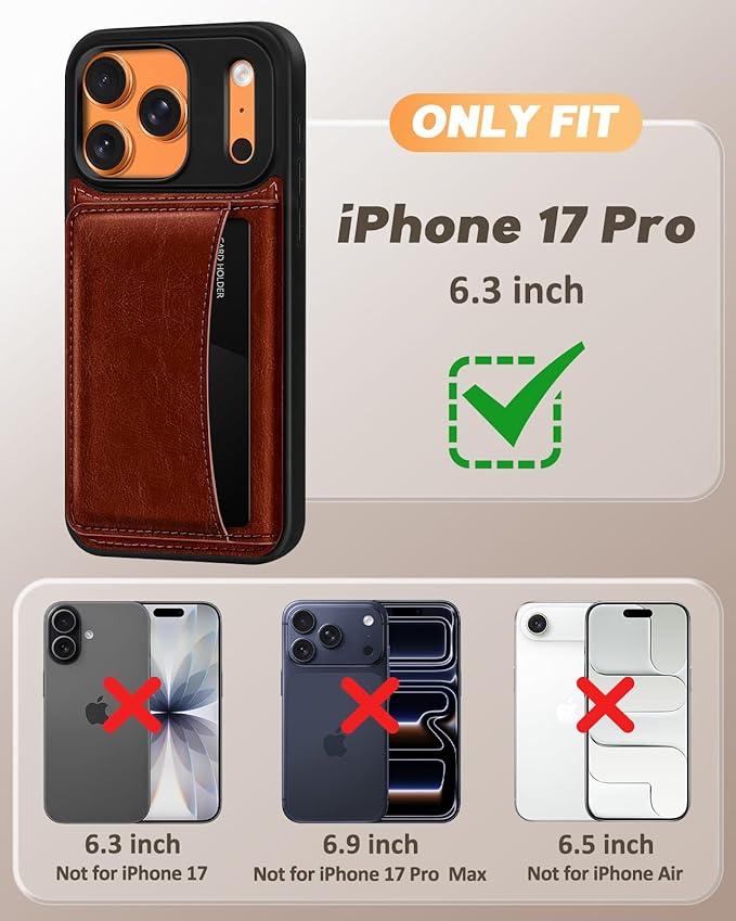 for iPhone 17 Pro Case with Wallet - Fits 4 Card Slots, Compatible with MagSafe for Women Men Durable PU Leather Credit Card Holder Kickstand Phone Cover for Apple 17 Pro, Brown