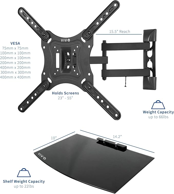 VIVO 23 to 55 inch Screen TV Wall Mount with Adjustable Tilt and Entertainment Shelf, Floating AV, DVD Shelving, Black, Mount-VWSF1