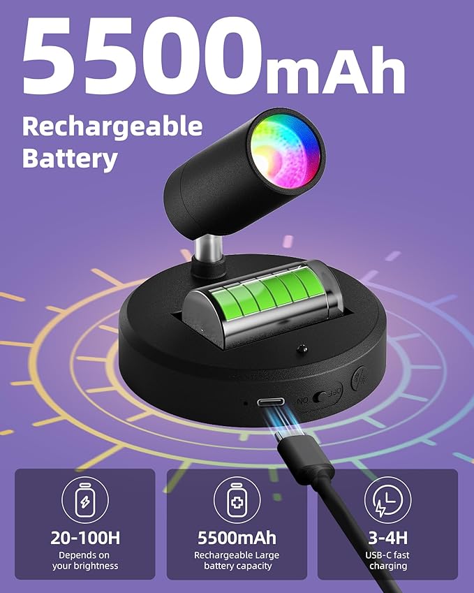 EZVALO RGB Spotlights Indoor with Remote, 5500mAh Rechargeable Picture Lights, DIY Mode & 83 Color Changing Uplighting, Wireless Mini Accent Lighting for Christmas Gift.(2Pack-Black)