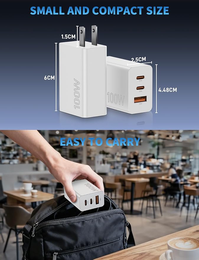 2Pack 100W USB C Charger Block, 3Port Fast Charging Adapter, Type C Fast Charging Blocks Cube PD USBC Wall Plug+QC3.0 USB A Charger Brick for MacBook Pro/Air,iPad,iPhone 17/16,Samsung S25 &More-White