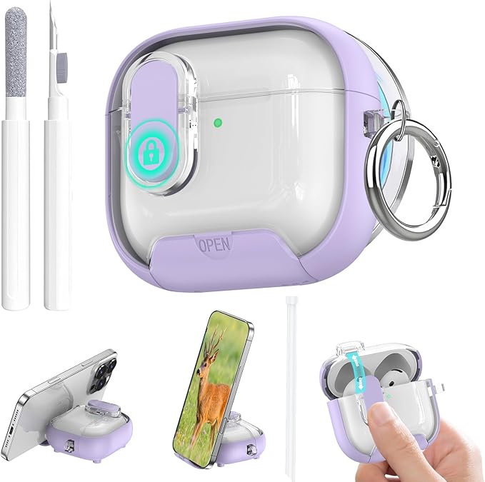 for Airpods 4 Case Clear,Secure Lock for Airpods 4th Generation Case Cover with Phone Stand and Magsafe Function,Auto Pop-up,Hybrid Protection Design with Carabiner&Cleaning Pen-Purple
