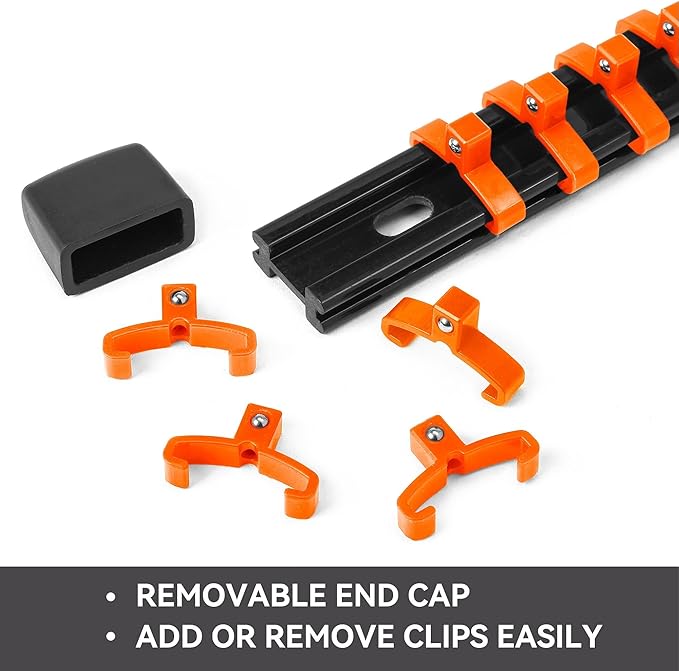 ALOANES 3PC ABS Socket Organizer, Socket Rails Fit 3/8 inch Drive, Heavy Duty Socket Holders Hold up to 45 Sockets, With Black Rails and Orange Clips