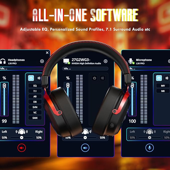 ATTACK SHARK L30PRO Wireless Gaming Headset,7.1 Surround Sound, 50mm Drivers,20ms Low Latency,Detachable Noise-Canceling Mic, Aluminum Alloy Frame,Tri-Mode Connectivity Over-Ear Headset-Black Red