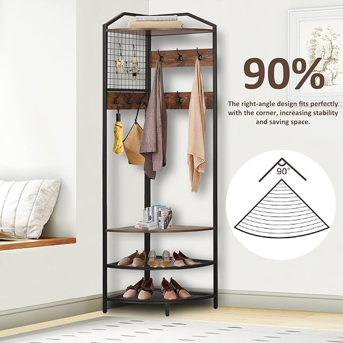 Corner Coat Rack, Hall Tree with Bench and Shoe Storage, Wood Entryway Organizer with 14 Metal Hooks, Freestanding Corner Shelves for Entryway, Hallway