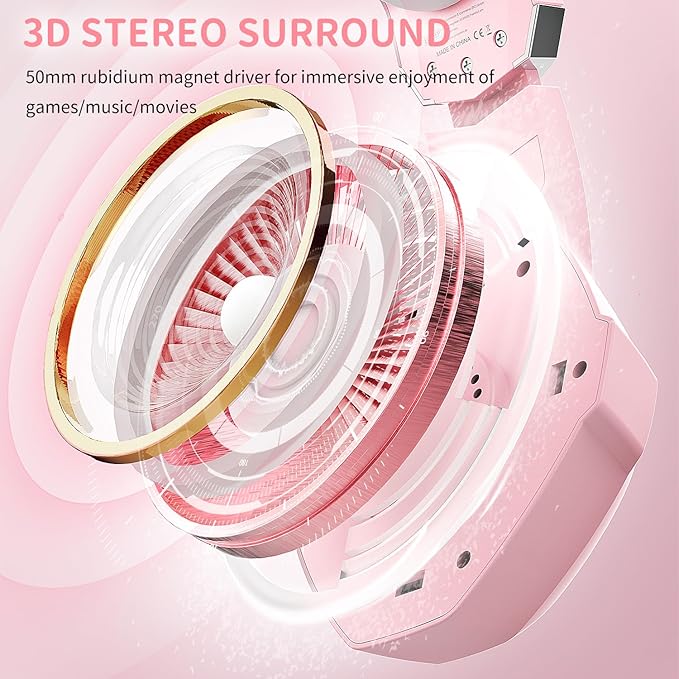 Ozeino Gaming Headset for PC, Ps4, Ps5, Xbox Headset with 7.1 Surround Sound, Gaming Headphones with Noise Cancelling Mic RGB Light Over Ear Headphones for Xbox Series X/S, Switch-Pink