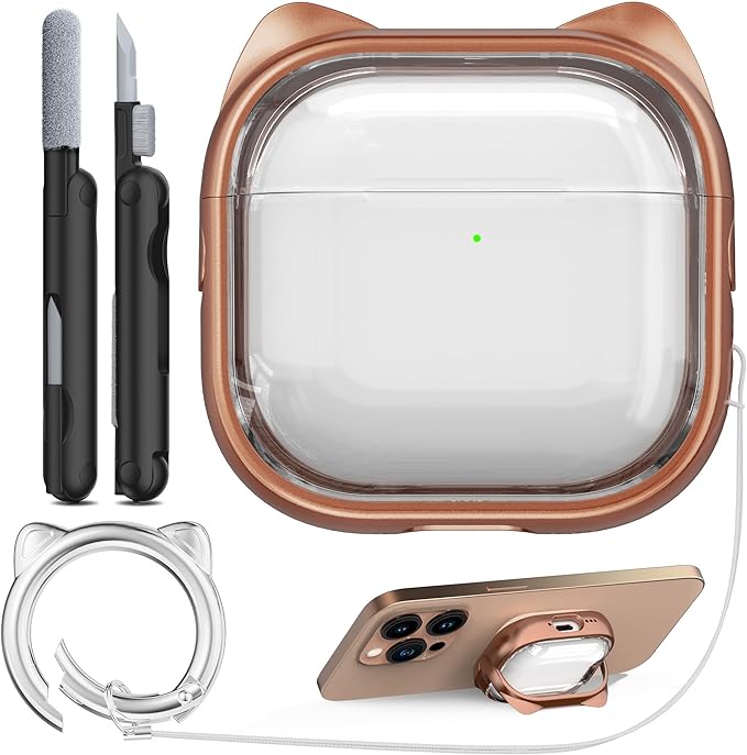 RFUNGUANGO AirPods 4 Case for Women Girly Cat Case with Lock, Phone Stand,Keychain & Cleaner Kit, Compatible with Apple Airpods 4th Generation Case Cover, Transparent Gold