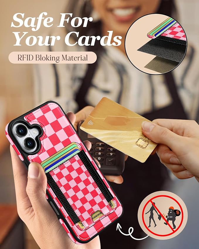 Shorogyt for iPhone 16 Wallet Case - Fits 5 Cards, Compatible with Magsafe Detachable Magnetic Credit Card Holder Leather Cardholder Cute Phone Cover Women Girls for Apple 16, Checkered
