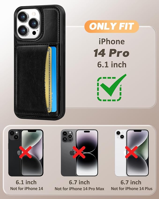 for iPhone 14 Pro Case with Wallet - Fits 4 Card Slots, Compatible with MagSafe for Women Men Men Durable PU Leather Credit Card Holder Kickstand Phone Cover for Apple 14 Pro, Black