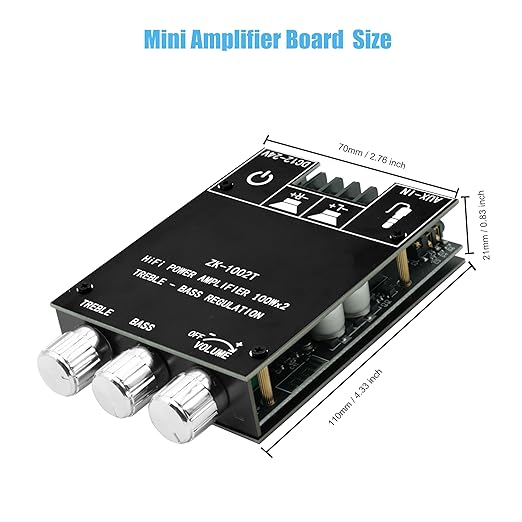 ZK-1002T 100W+100W Bluetooth Amplifier Board with Treble and Bass Control, 2.0 Channel Stereo Audio Mini Power Amplifier Board, TPA3116D2 Chip DC 9-24V, BT and AUX Inputs for DIY Wireless Speakers