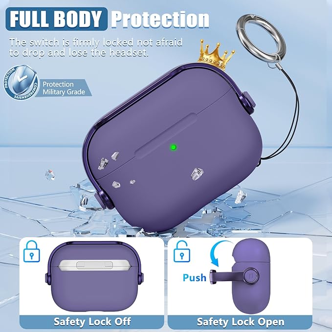 for Airpods Pro 3 Case,Safety Lock Cases for Apple Airpod Pro 3 (2025) with Cleaner Kit, Drop Protection Air pods Pro3 Case Cover for Men for Women with Keychain,Charm Purple