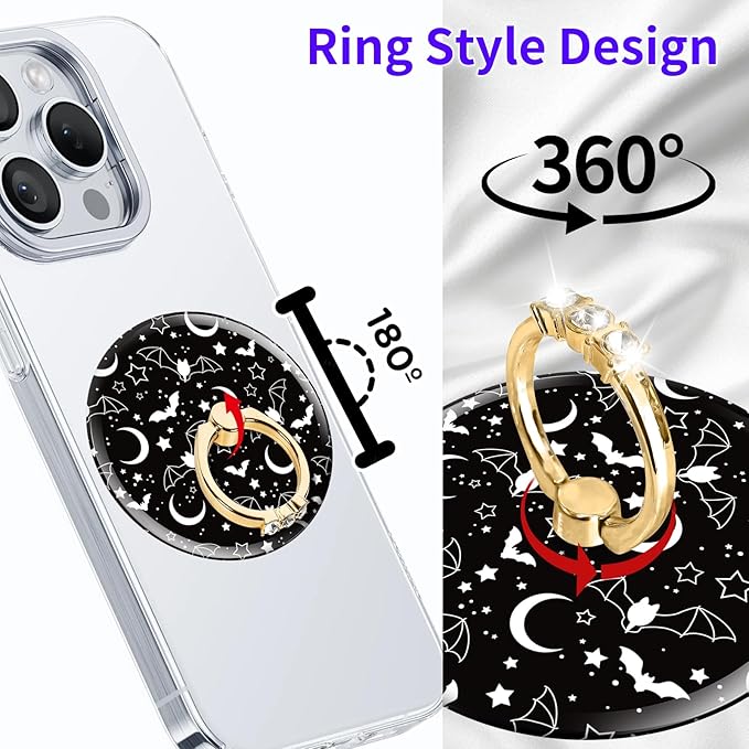 Magnetic Phone Ring Holder Compatible with MagSafe, Cute Phone Grip Stand with 360° Rotation Gold Glitter Finger Ring Kickstand Accessories for Most Phones Cute Black White Bats