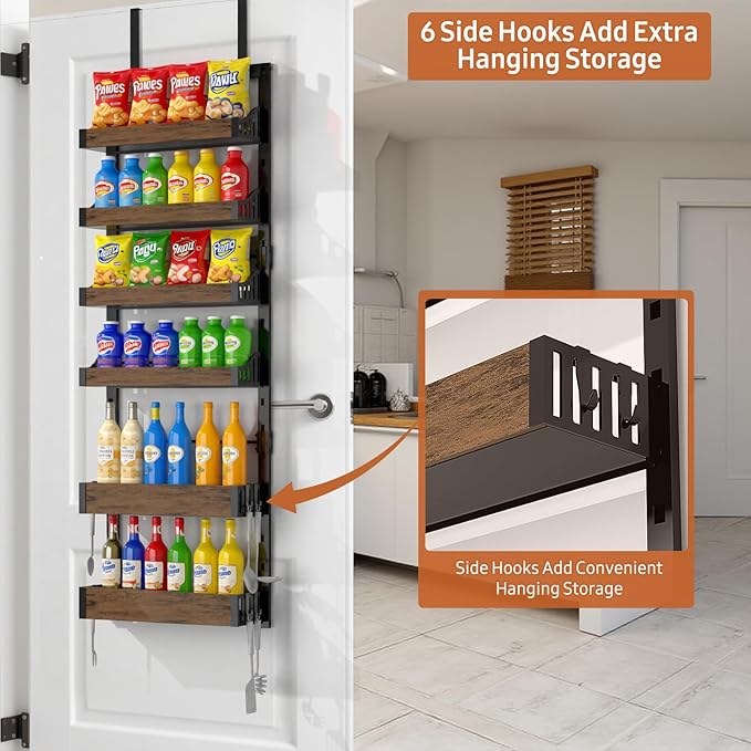 Over the Door Pantry Organizer: Storage and Pantry Organization with Hanging Basket - 6-Tier Metal Spice Rack Adjustable Shelves for Kitchen Laundry Room Bedroom & Bathroom Black