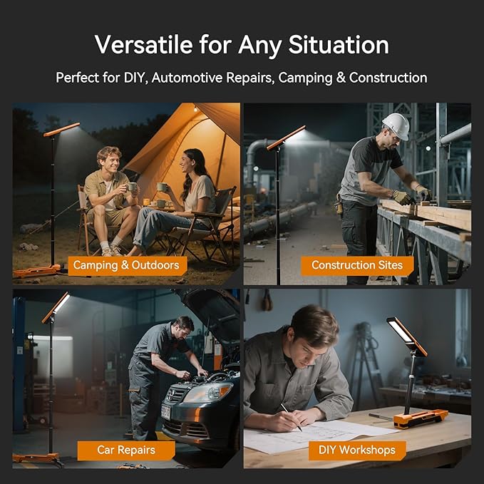 LED Work Light with Stand Foldable Tripod Lighting 1500LM Adjustable Stand for Construction, Outdoor, DIY Camping, Gift for Man Fathers Day, IP54 Waterproof, Rechargeable Battery with Type-C Charging