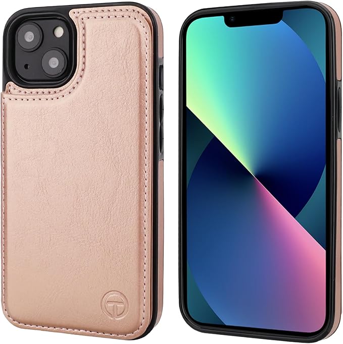 ONETOP Compatible with Magsafe for iPhone 13 Wallet Case with Card Holder, PU Leather Kickstand RFID Blocking Case, Double Magnetic Clasp and Durable Shockproof Cover 6.1 Inch (Rose Gold)