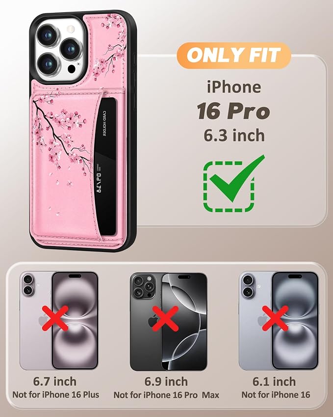 for iPhone 16 Pro Case with Wallet - Fits 4 Card Slots, Compatible with MagSafe for Women Aesthetic Durable PU Leather Credit Card Holder Kickstand Phone Cover for Apple 16 Pro, Peach Blossom