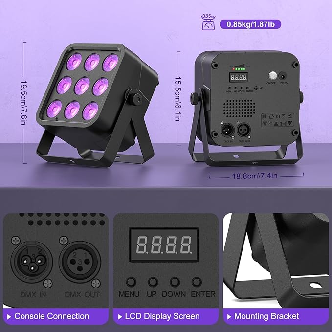 Rechargeable Stage Lights, 9 * 6W RGBWA UV 6-in-1 Battery Powered Par Lights, 6/8/10 CH Wireless Uplights DMX512 Control, Wireless Uplights for Party, Wedding, Event, 20 Pack
