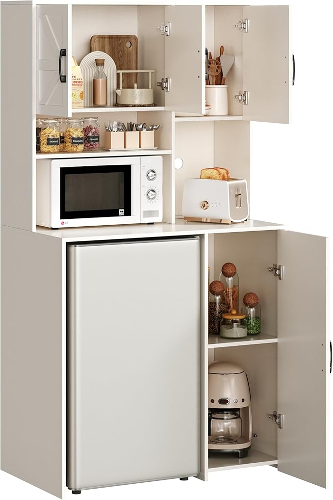 Mini Fridge Cabinet with Storage, Coffee Bar Cabinet with Mini Fridge Space and Outlet, Wine Bar Stand with Microwave Shelf, Beverage Station for Kitchen, Dorm, Office White KH02MRW