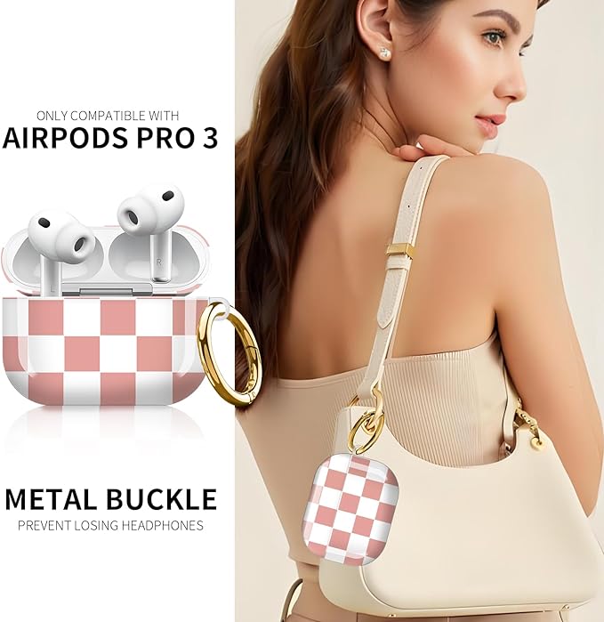 Compatible with AirPod Pro 3rd Generation Case 2025,Fashion Protective Cover with Keychain, Anti-Scratch, Drop Protection,Shockproof Cover for AirPod Pro 3 Women(Pink White Checkered)
