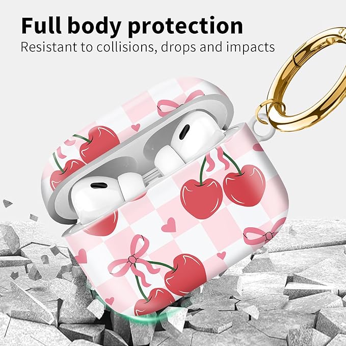 Compatible with Airpod pro 2nd/1st Generation Case Cover with Gold Round Keychain Cute Pattern Hard & Anti Slip Cover for Men Women & Girls（Bow Cherry）