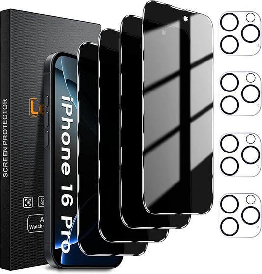 4+4 Pack Privacy Screen Protector for iPhone 16 Pro 6.3-Inch with 4 Pack Camera Lens Protector, Anti Spy Tempered Glass Film 9H Hardness Case Friendly