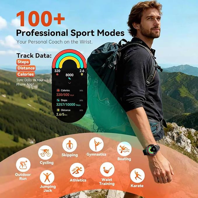 Military Smart Watches for Men, 1.7" Hd Fitness Tracker Ith Multiple Sports Modes, 600mah Battery for Android iOS, Ip68 Waterproof/Spo2 Monitor/Flashlight/Message Alerts