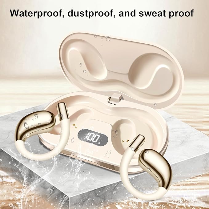 Wireless Earbuds,Open Ear Earbuds - Bone Conduction Headphones,running headphones,Waterproof Deep Bass Earphones for Fitness and Running, sports headphones,Sweat-Resistant for Workouts (Khaki White)