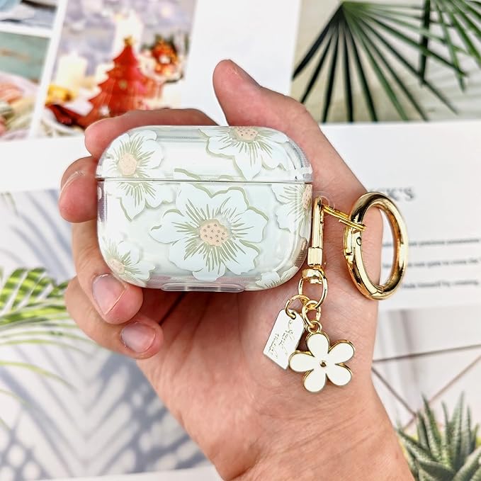 Compatible with AirPods Pro 2 Case Cover 2022, Soft TPU with Cute Flower Pattern for AirPods Pro 2nd/1st Generation Case with Flower Keychain and Carabiner for Girls Women (White)