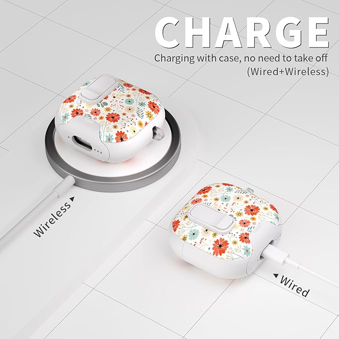 for AirPods 4 Case with Secure Lock Clip in Phone Stand,Floral Girly Style Protective Cover with Cleaning Kit and Hand Strap for Apple AirPod 4 Generation (Maple Leaf Petals)