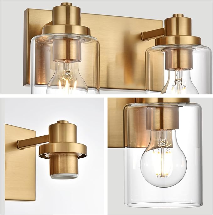 2 Light Bathroom Vanity Lights Brushed Brass Bathroom Lighting Fixtures over Mirror with Clear Glass Shade, Vintage Gold Vanity Light For Bathoom, Modern Bathroom Wall Vanity Lighting Fixtures
