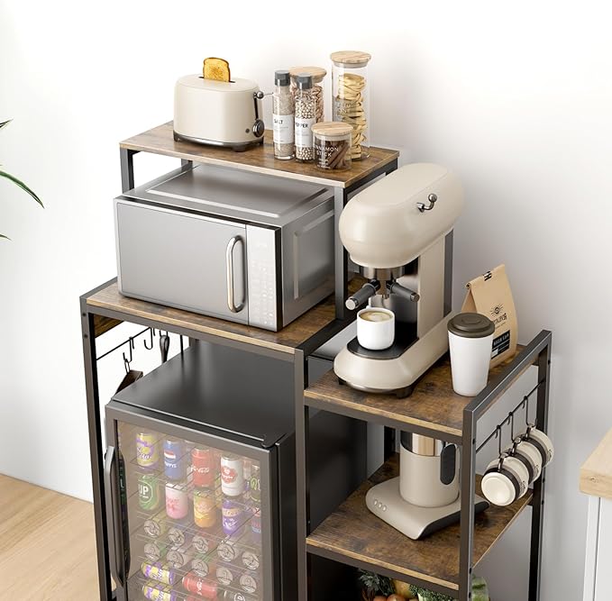 Multifunctional 6-Tier Mini Fridge & Microwave Stand with 2 AC/2 USB Outlets - Coffee Bar & Bakers Rack Storage Shelf, Mini Fridge Cabinet for Kitchen, Dorm, Living Room