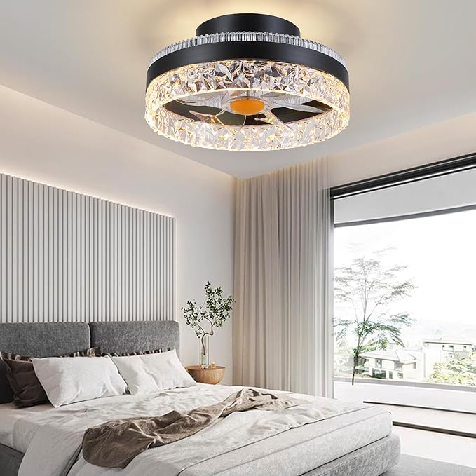 RGB Ceiling Fans with Lights Flush Mount - 13" Bladeless Small Fan Light with 6 Speeds, Reversible Motor, Modern Low Profile Ceiling Fan Light for Bedroom, Small Space, Party