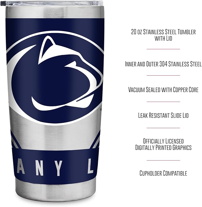 Rico Industries NCAA 20oz Stainless Steel Tumbler with Lid - Great For Coffee, Tea, Water or Cocktails