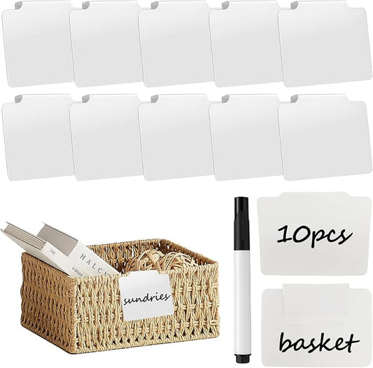 10 PCS Basket Labels,Clip On PVC Labels with Pen for Storage Bins, Removable Label Holders,Basket Tags