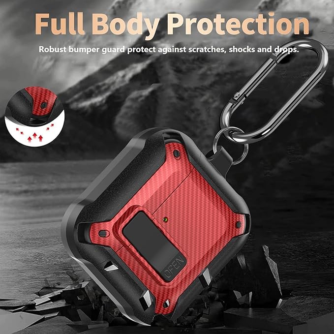 for Airpods 4 Case with Lock Clip, Rugged Apple Airpods 4th Generation Cover 2024 Men Women, Armor Shockproof iPod 4 Gen Protective Hard Shell with Carabiner&Cleaner kit,CF Black/Red