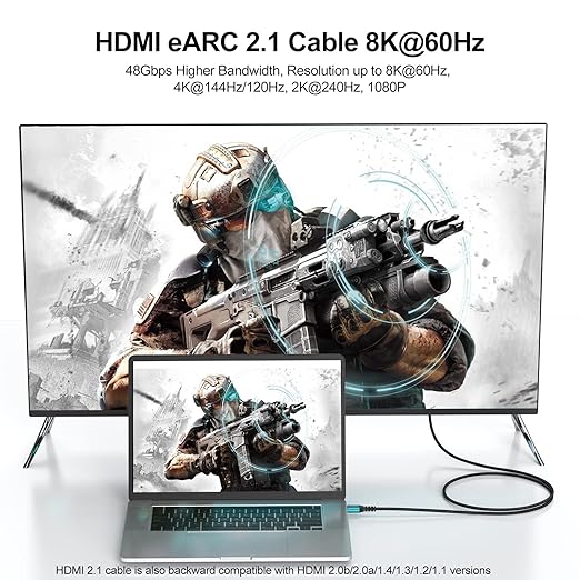 8K HDMI ARC/eARC Cable for Soundbar to TV 10FT, eARC HDMI 2.1 Cable, High Speed HDMI Cord 48Gbps 8K@60Hz, 4K@120Hz (Dolby Atoms, HDCP 2.2&2.3, 3D, HDR10) for Sound bar, Roku TV, PS5, Blu-ray