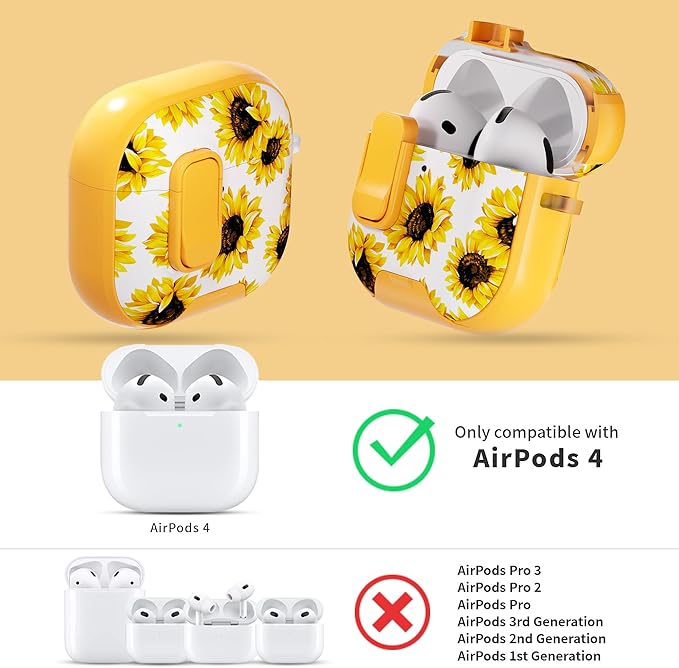 for AirPods 4 Case with Secure Lock Clip in Phone Stand,Floral Girly Style Protective Cover with Cleaning Kit and Hand Strap for Apple AirPod 4 Generation (Yellow Sunflower)