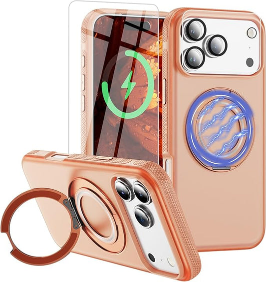 for iPhone 17 Pro Case [Compatible with Magsafe] [15 FT Military Grade Drop Protection] with Screen Protector & Lens Protector,Shockproof Kickstand Phone Case for iPhone 17 Pro (Orange)