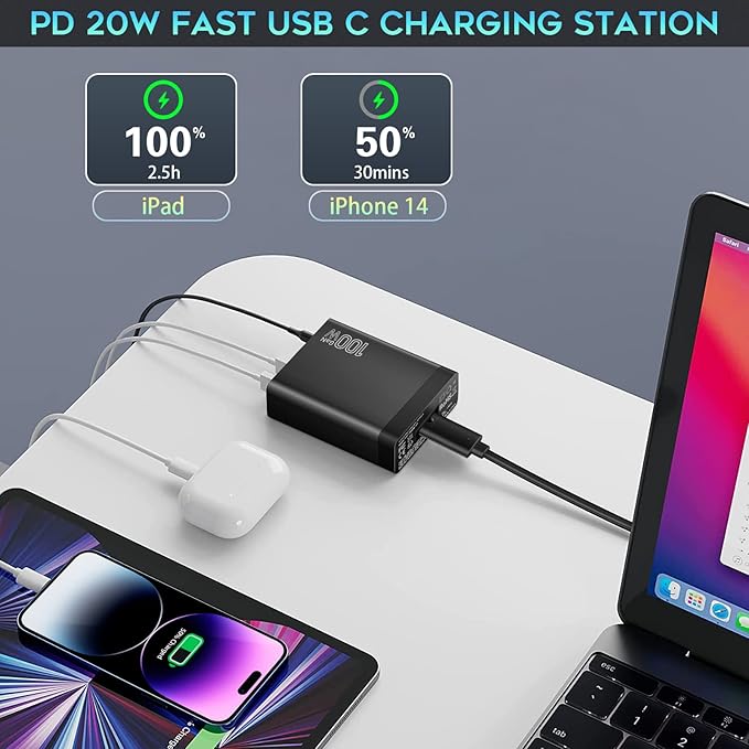 Fast USB C Charging Station, Total 100W 6-Port Charger Block with 4 USB-C and 2 USB-A Ports Quick 3.0 Adapter Work for iPhone 16 15 14 13 Pro Max, iPad, Galaxy, Pixel Portable Multiport Hub (Black)