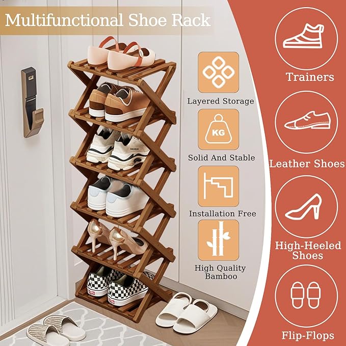 Comeon Bamboo Shoe Rack, Foldable Vertical Shoe Rack for Front Door Entrance Narrow Shoe Organizer Small Shoe Shelf for Entryway Shoe Storage Closet Multi-Tier (Brown Colors,4 Layers)