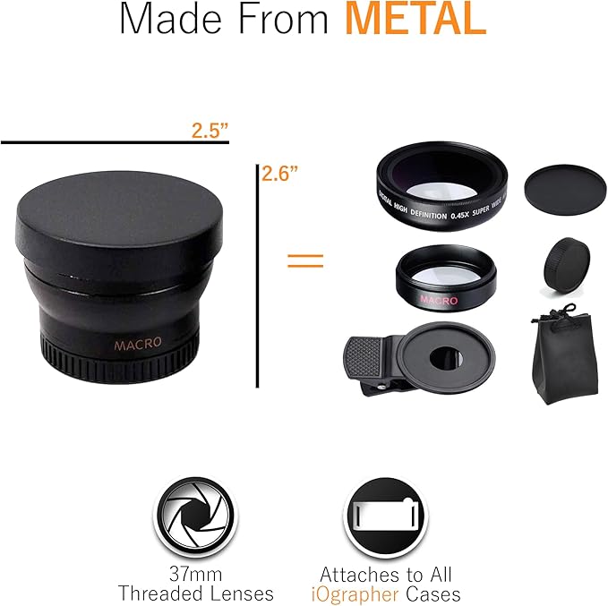 iOgrapher 37mm Wide Angle/Macro Lens and Clip Bundle - Phone Camera Accessories for Smartphones and Tablets