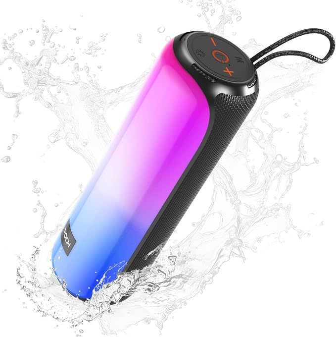 VOCH Bluetooth 5.3 Speaker with RGB Light, Portable Wireless Speaker with 20H Playtime, TWS Stereo Sound, IPX7 Waterproof, USB&TF Card Support, Loud Sound for Outdoor Camping Home Travel Party Black