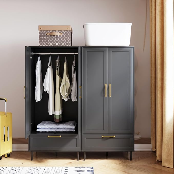 Bedroom Armoire Wardrobe Closet with Hanging Rod,60" 2 Door Almirah for Clothes with Drawers,Morden Storage Cabinet,Black
