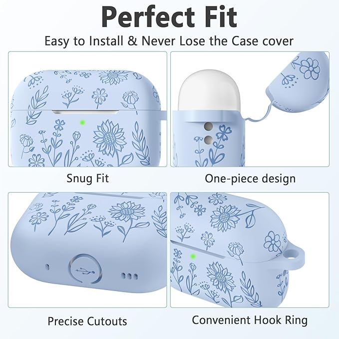 Flower Engraved Case for AirPods Pro 2 Gen with Clean Kit & Keychain, Cute Soft Silicone Protective AirPods Pro Case Cover for Apple AirPods Pro 2nd/1st Generation,Front LED Visible, Lilac