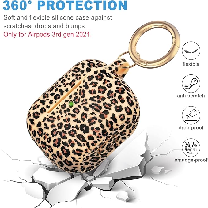 Silicone Leopard Compatible with AirPods 3 Case 2021, Gawnock Soft Case Compatible with AirPods 3rd Generation Floral Print Cover for Women Girls with Keychain (Khaki Leopard)