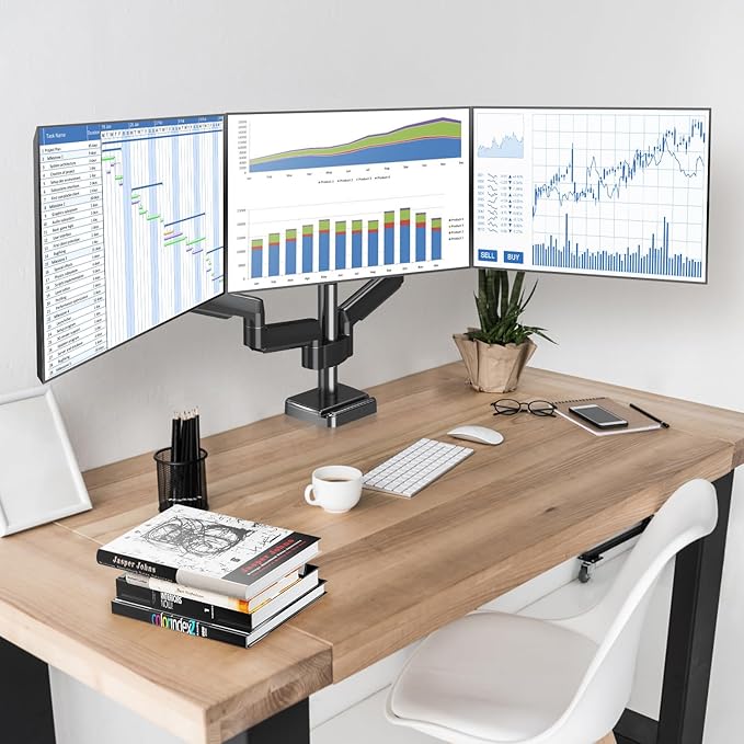 MOUNTUP Triple Monitor Stand Mount - 3 Monitors Desk Mount for Computer Screens Up to 27 inch, Triple Monitor Arm with Gas Spring, Heavy Duty Monitors Stand, Each Arm Holds 4.4-19.8 lbs, Black